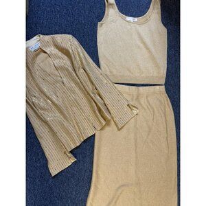 St. John Evening 3 Piece Suit Set gold Knit Jacket Sz 8 Top Sz 6, &Skirt Sz 8